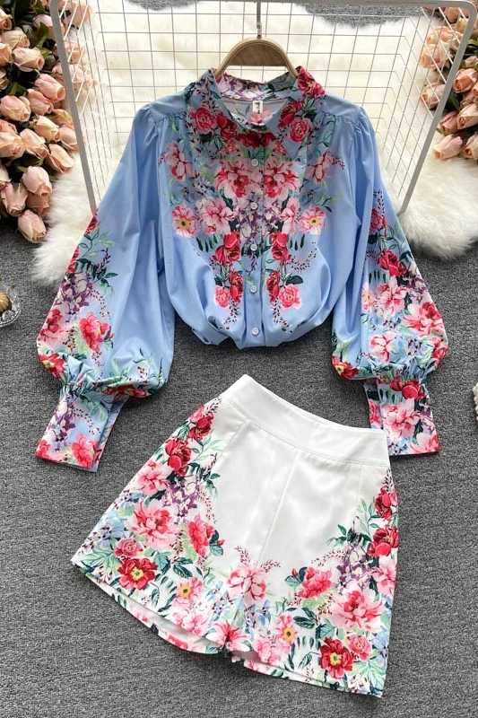 

Socialite Elegant Shorts Suit Women 2021 New Vintage Printed Chiffon Shirt+High Waist Wide Leg Shorts Two-Piece Sets Outfits