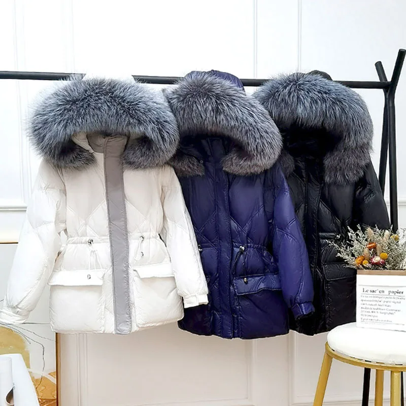 Janveny большой натуральный Лисий меховой воротник длинное пуховое пальто 2020 новая