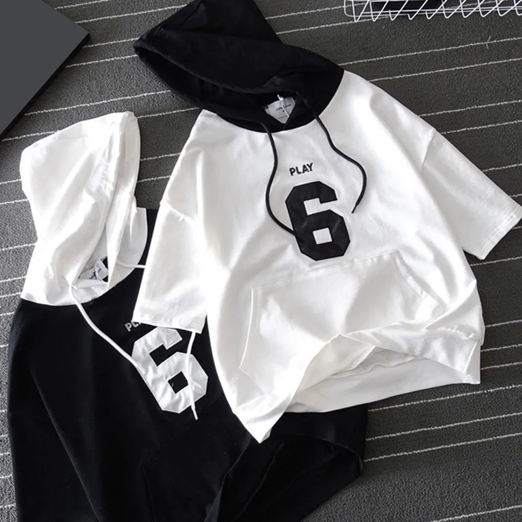 Женская футболка Летняя с капюшоном плюшевая Вышивка Половина рукава свитер для