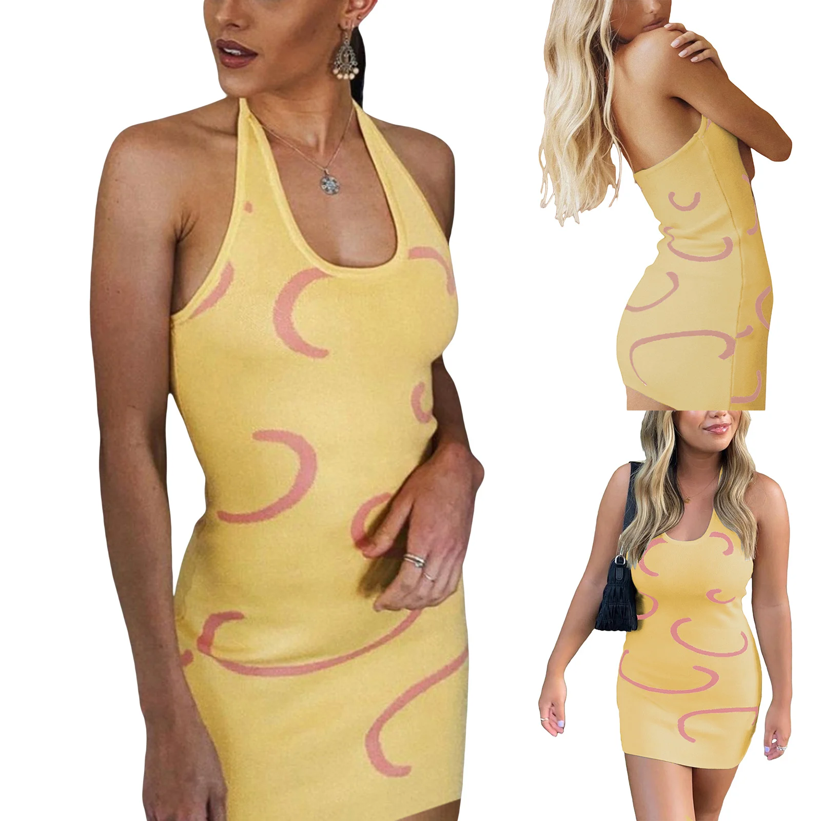 

2021 Women Casual Short Dress Yellow Printed Pattern U-shaped Collar Sleeveless Skirt off-the-shoulder/night clubs