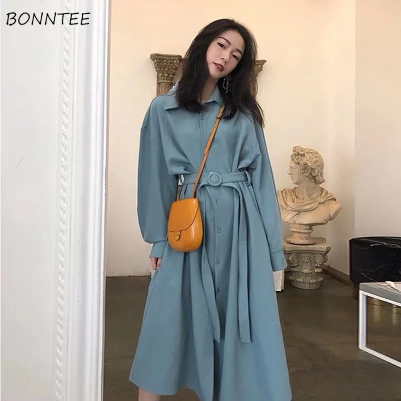 

Dress Women Solid Lapel Ulzzang Elegant Trendy Sashes Stylish Streetwear Autumn Tunic New Arrival Chic Soft Female Maxi Leisure