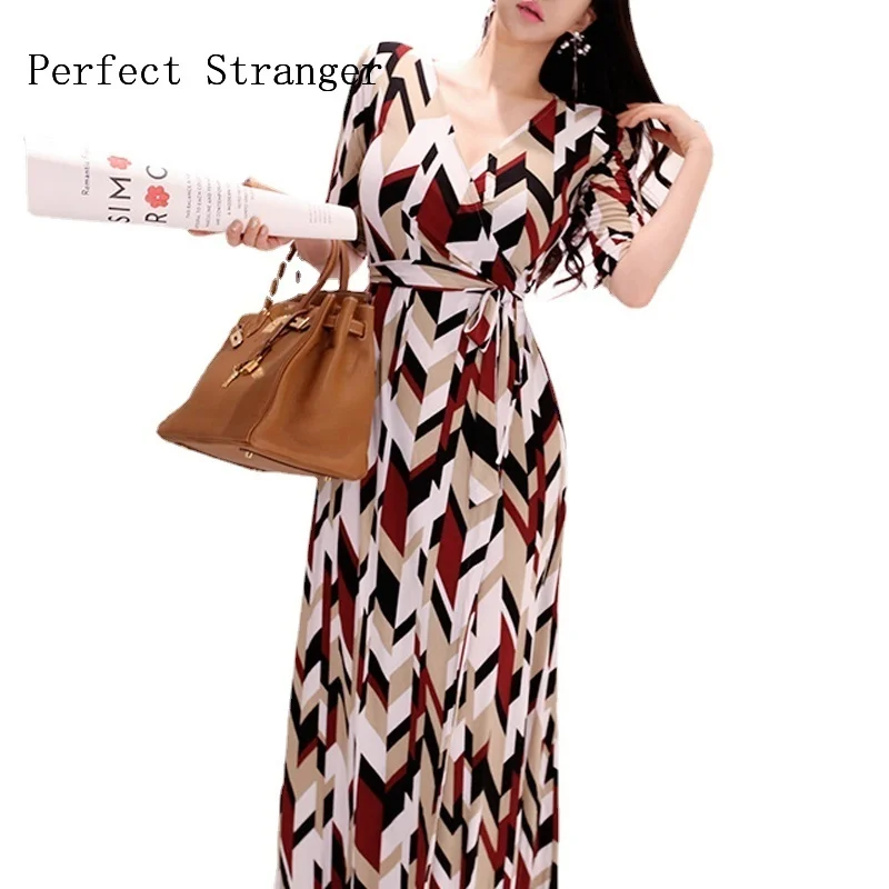 Женское длинное платье с V образным вырезом в Корейском стиле коротким рукавом