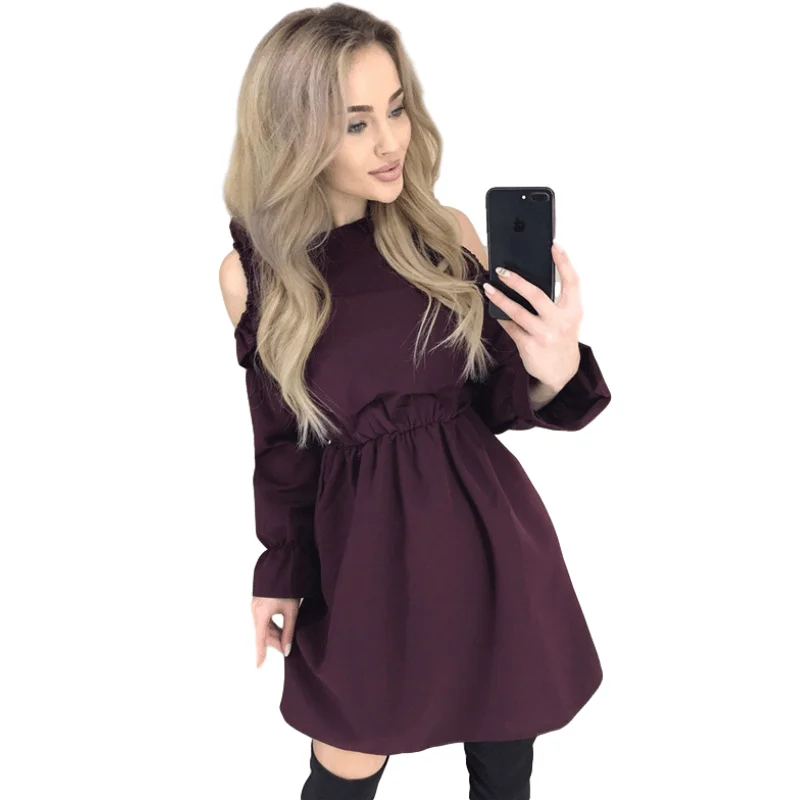 

2021 Autumn Women Solid Ruffle Mini Dress Sexy Off Shoulder Long Sleeve Elastic Waist Dress Women's Casual A Line Party Dresses