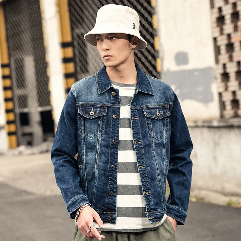 Джинсовая мужская куртка со стоячим воротником Повседневная модная однотонная