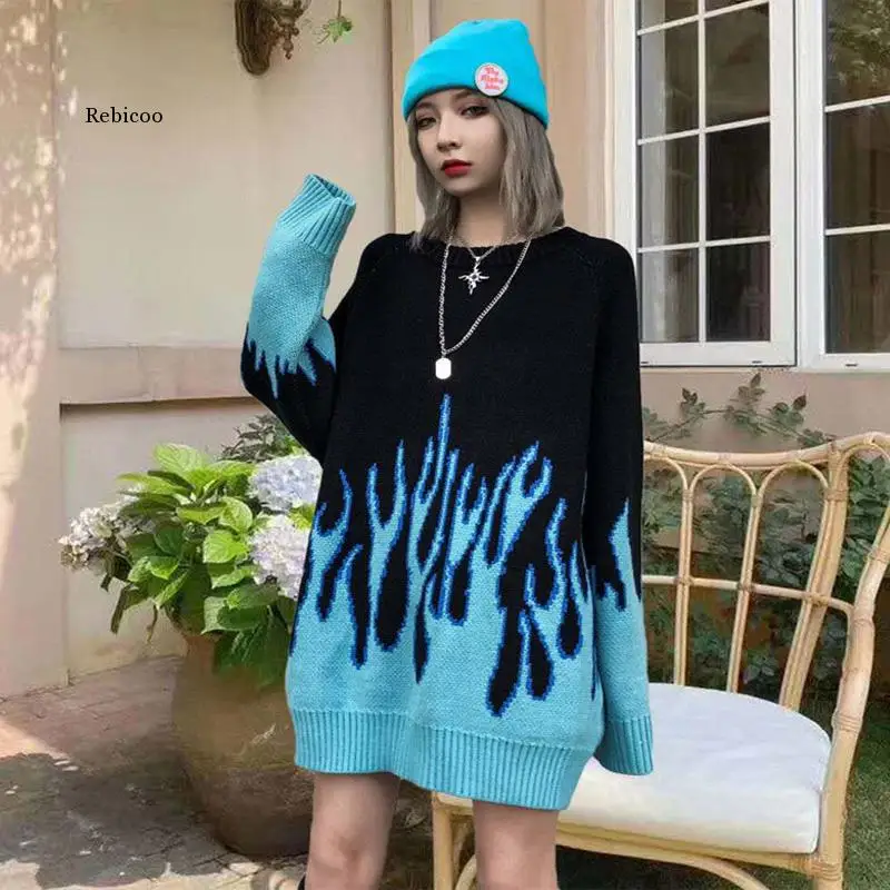 Winter Autumn New Loose Long Blue Flame Sweater Women O-Neck  Blue Female Pullover Women's Sweater