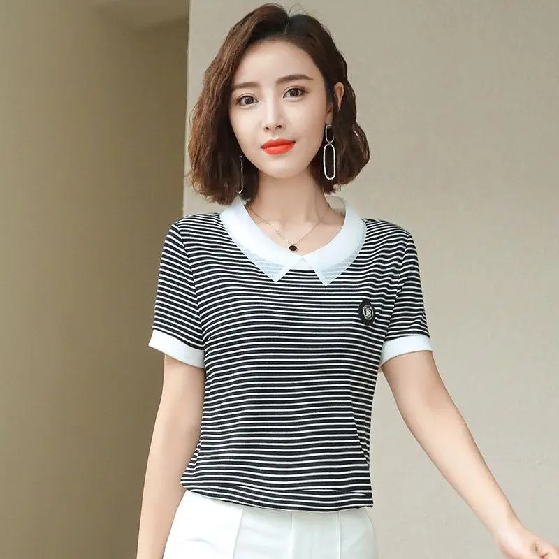 Блузка женская в полоску с коротким рукавом и воротником Питера Пэна весна-лето