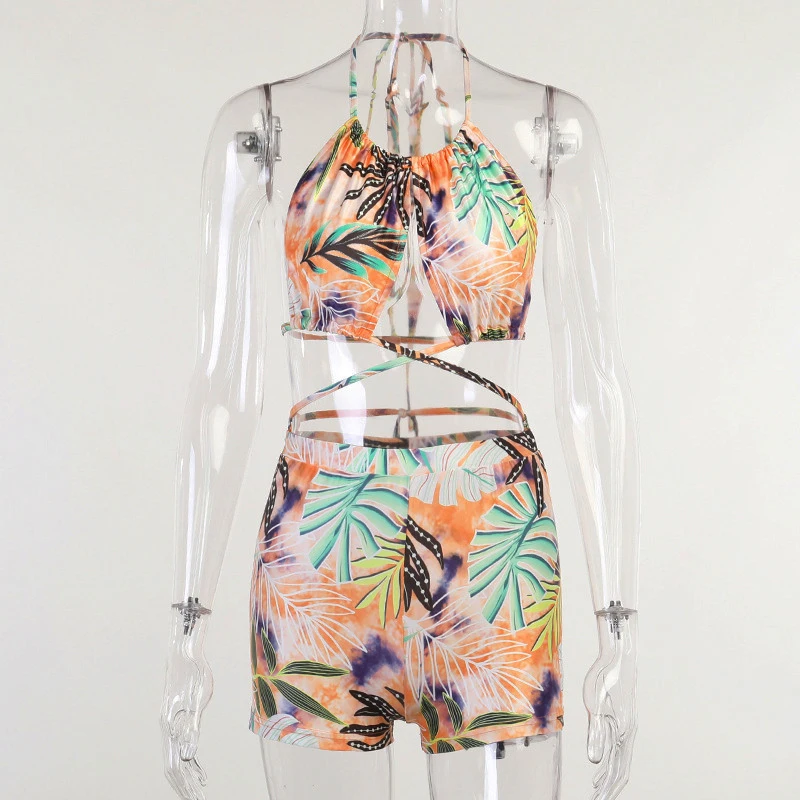 

FLORAL STORY Summer Backless Playsuits Free Shipping Rompers 2021 Woman Boho Printed Bodysuit Fashion Slim Sexy Bandage Jumpsuit