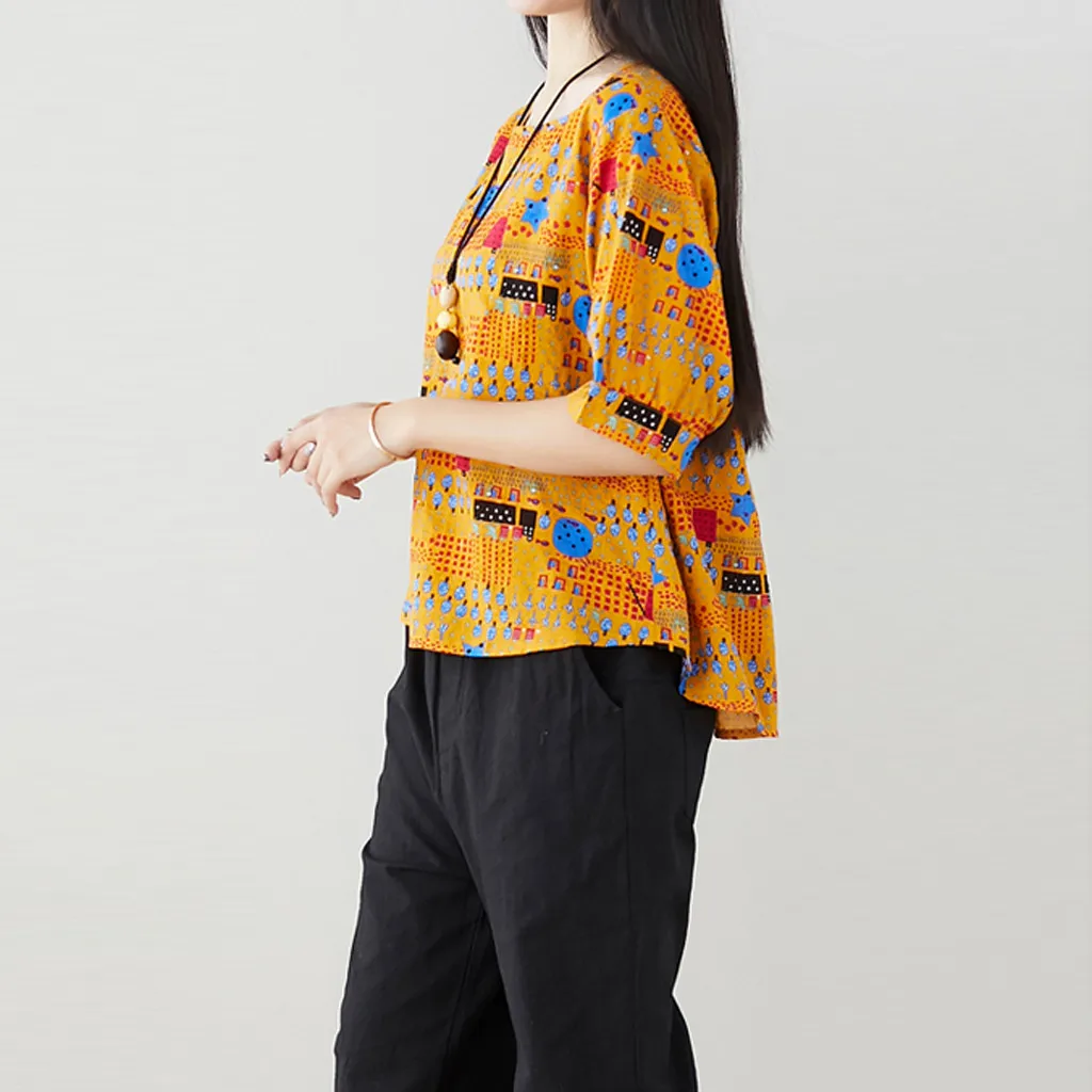 

Retro Women Blouse loose tops Cotton Linen Shirt Female Casual O-neck half sleeve Womens Tops Blusas Femininas