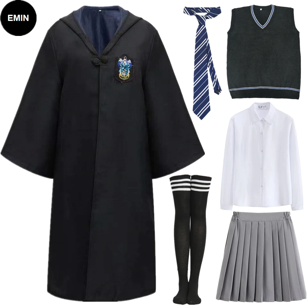 

Child Adult Women Cosplay Wizard Cloak Magic School Costume Shirt Skirt Knitted Vest Tie Sock Dress Up Halloween Carnival Party