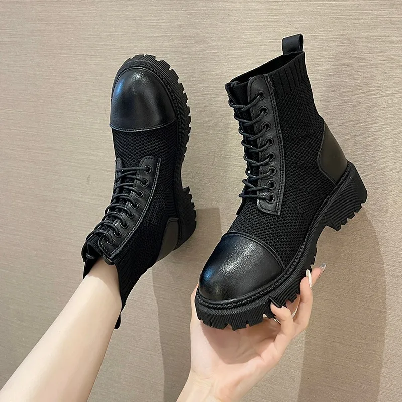 

Женские ботинки для верховой езды, кожаные женские мотоциклетные ботинки на платформе с перекрестной шнуровкой, женские готические черные ...