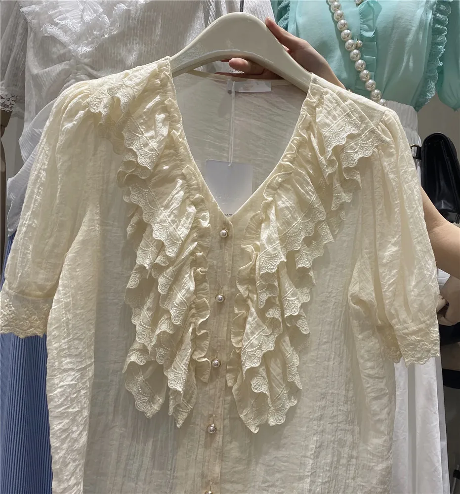 

Korean Style 2021 Amoi French Fashion V-neck Lace Breasted Shirt Western Style Chiffon Blouses for Women Blouse