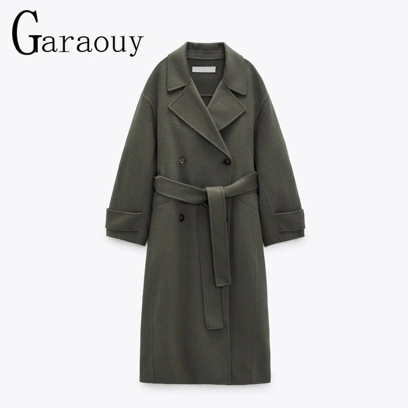 

Garaouy 2021 New Women's Autumn Winter Vintage Simple Long Woolen Coats Loose All-match Chic Jacket Sashes Slim Outerwear ZA