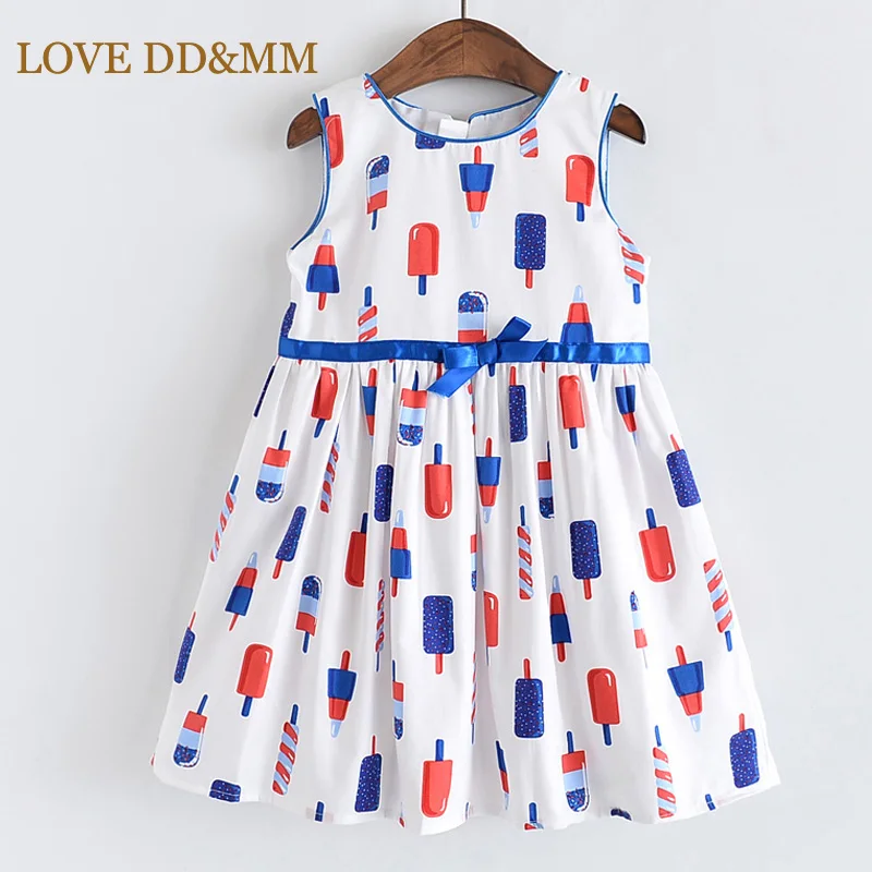 Белый Платья для девочек с надписью «LOVE DD& MM» Новинка года, детская одежда милое Хлопковое платье-майка без рукавов с бантиком на талии и принтом мороженого для девочек - Цвет: Белый