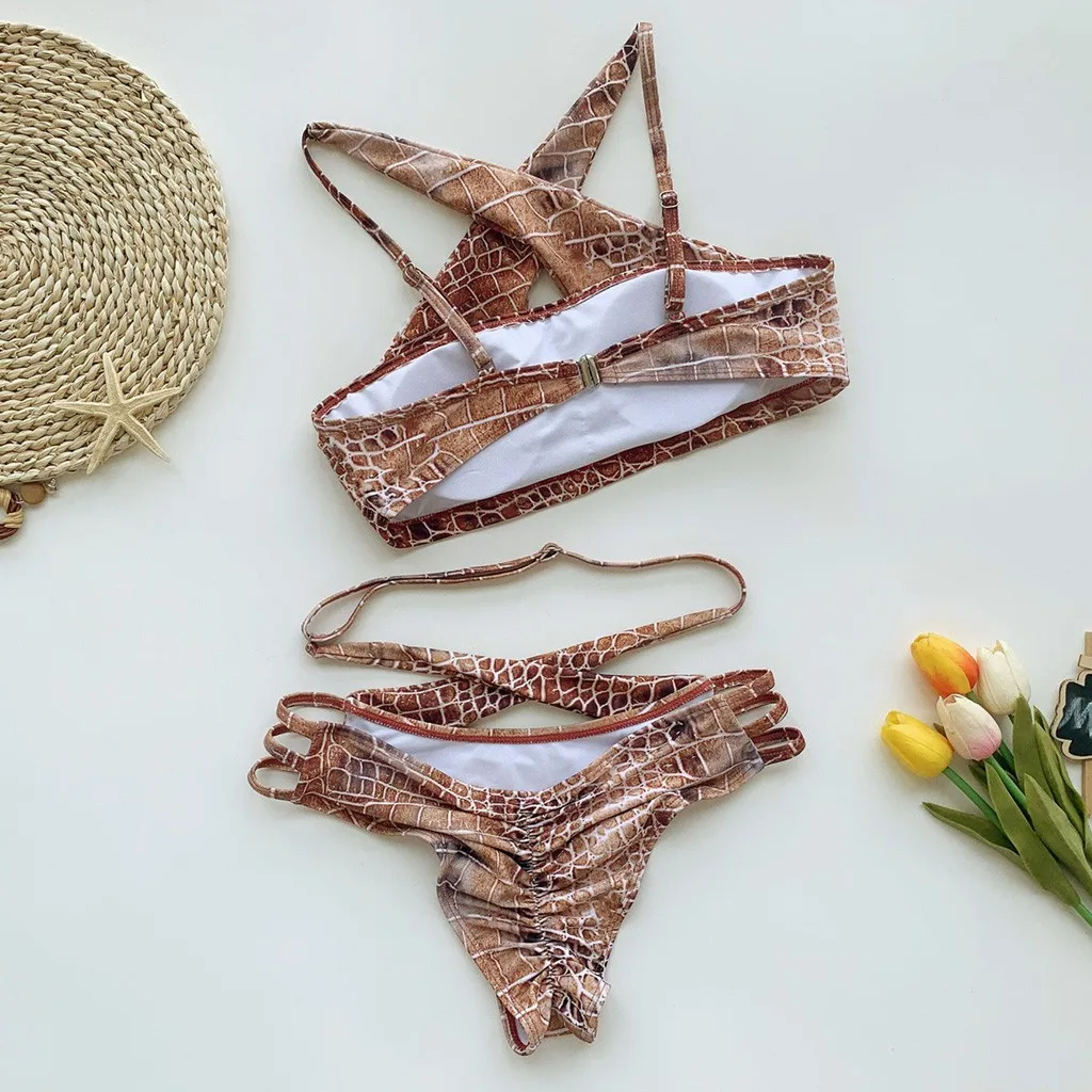 

Women Tow-Piece Swimsuit Deep V Print Swimwear Cross Bandage Bikini Set High Waist Beach Swimming Suit Beachwear Hollow Out