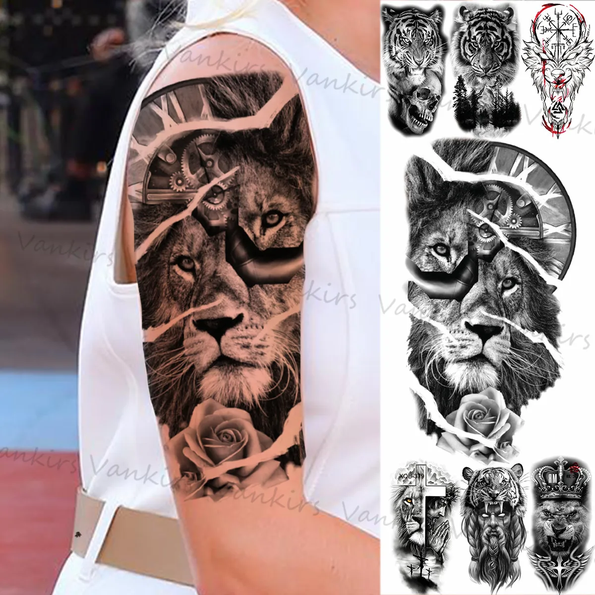 

Черный Лев, компас, роза, цветок, временные татуировки для женщин и мужчин, тигр, Череп, Лев, молитвенный медведь, искусственные татуировки дл...