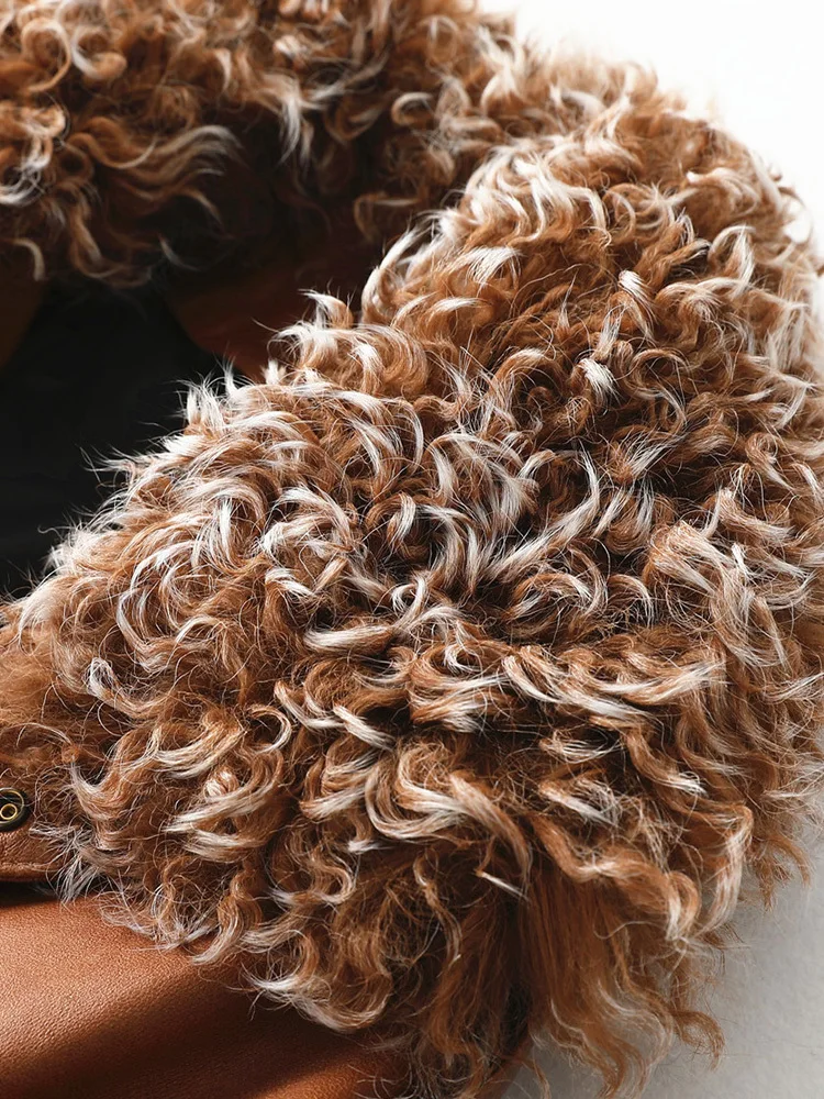 Женский пуховик из натуральной овечьей кожи с шерстяным воротником KQN62026 Осень