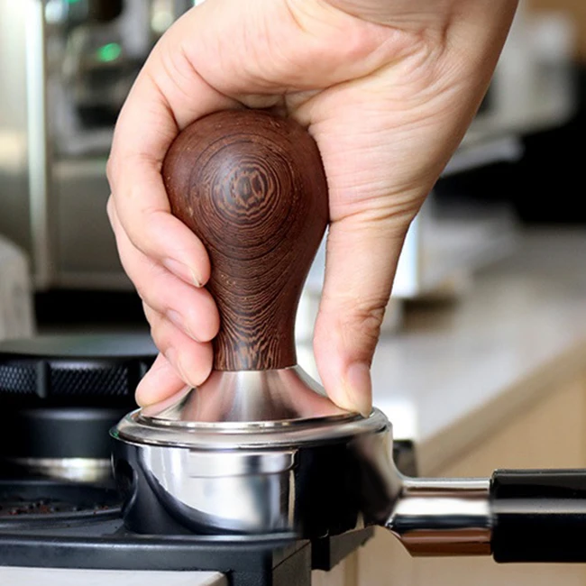

51mm Espresso Coffee Tamper Stainless Steel Flat Base Coffee Powder Bean Press Hammer with Wooden Handle for Barista