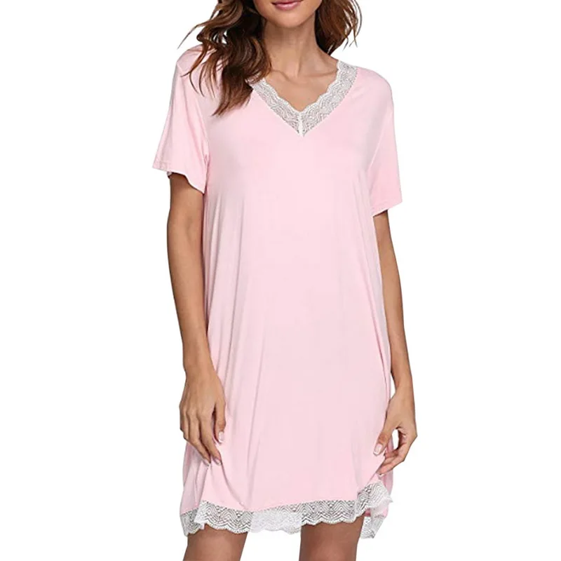

Oeak Nightgown Lace WOMEN'S Nightdress Summer Thin Section Short Sleeve Modal Cotton Silk Mid-length Plus-size Women Dress