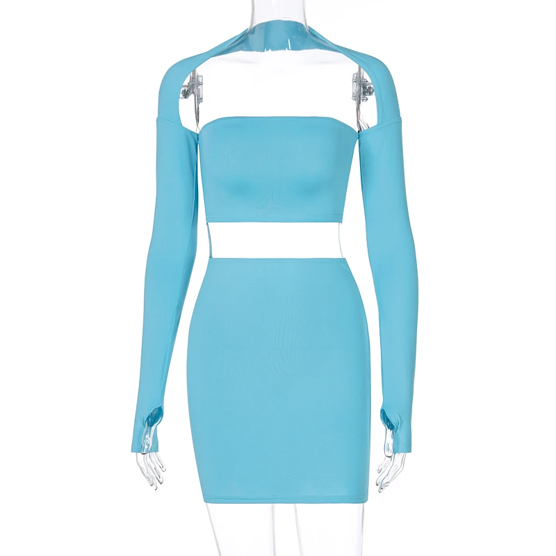 

Angels Secret 2021 Long Sleeve Neck Sexy Crop Top Skirt Two Pieces Set Summer Women Fashion Street Outfits Tracksuit AG30995