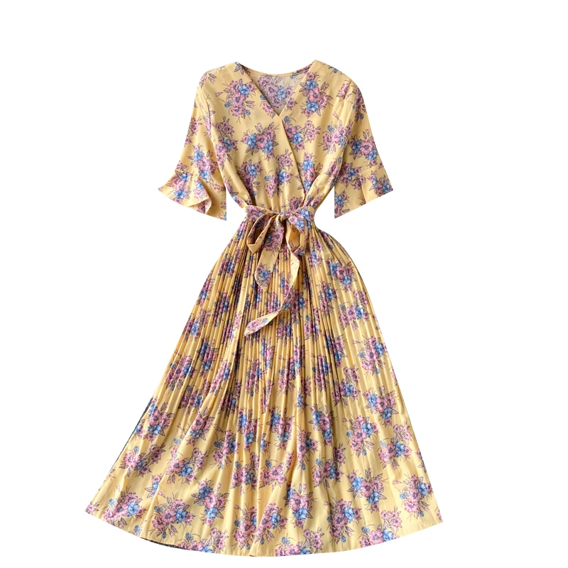 

2021 Summer New French Vestidos Female Trumpet Sleeve Lace-up Waist Was Thin and Pleated Floral Platycodon Midi Dress GK586