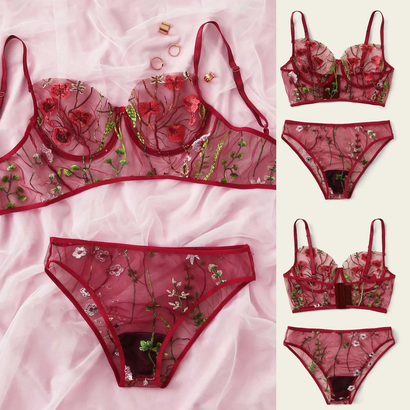 

Fashion Womens Ladies Sexy Lingerie Bra New Sexy Fashion G-String Thong Sleepwear Underwear Lingerie Flower Lace Red