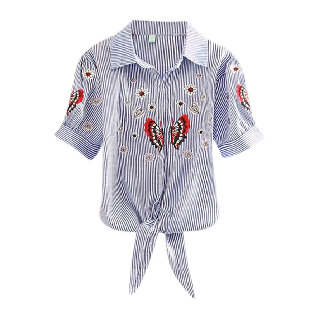 

CHAMSGEND Fashion women's blouse Polyester tunic women's Turn-down Collar Printed Short Sleeve Shirt Embroidery Tops