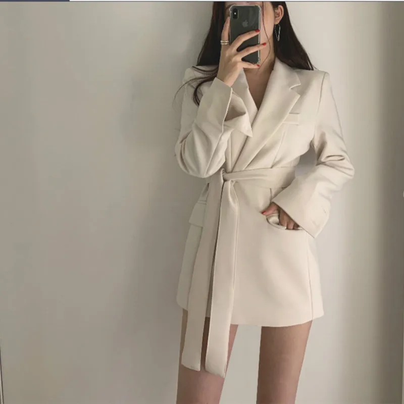 

Office Ladies Blazer Dress Women Suits with Belt Outerwear Women's Jackets 2021 Long Sleeve Elegant White Black Jacket Female