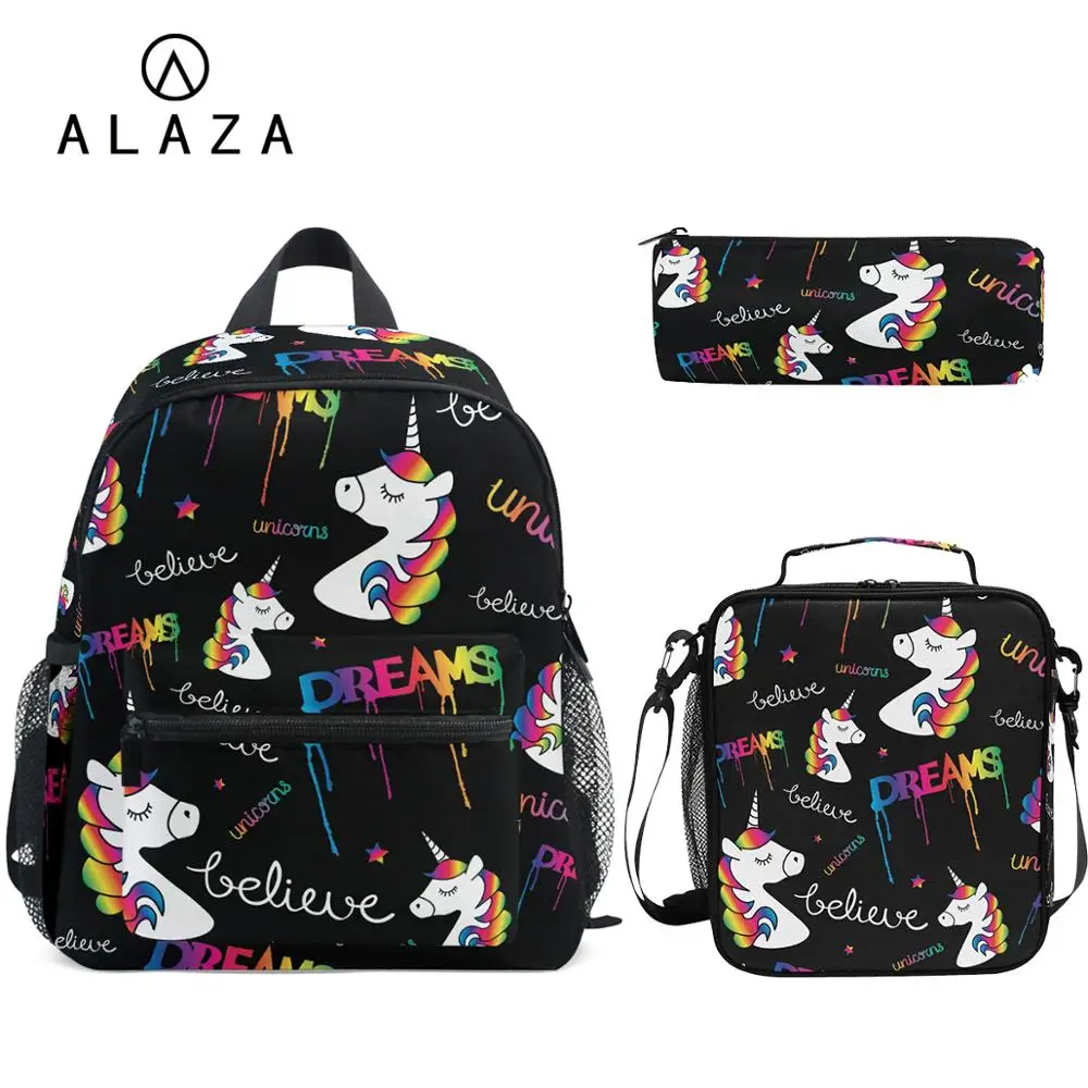ALAZA новый модный детский набор детские школьные сумки с рисунком единорога для подростков с черной плечевой книгой сумка для ланча карандаш...