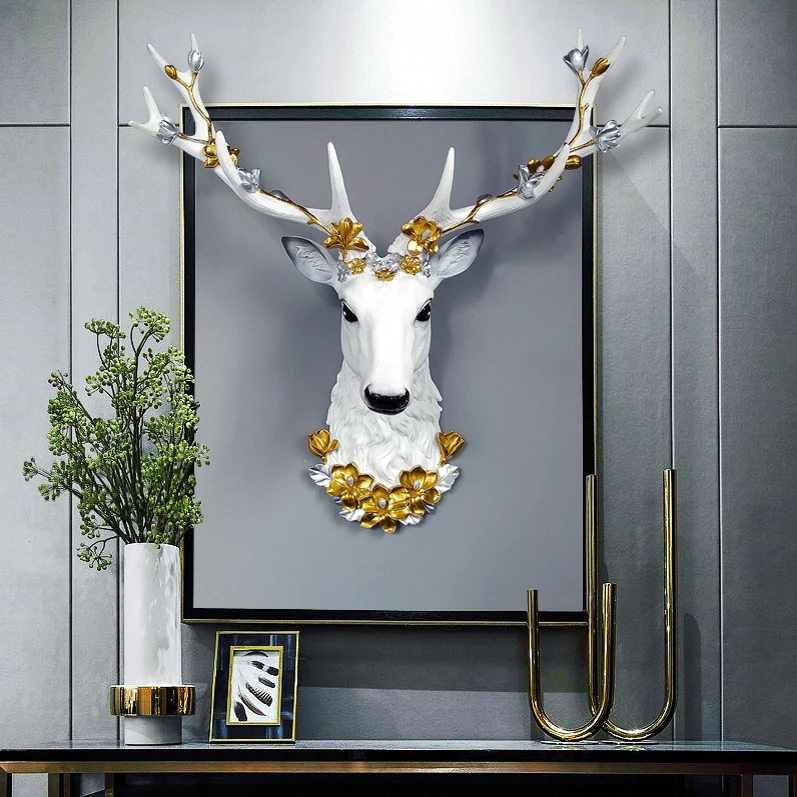 

Big Deer Head Statue Home Decoration Accessories 3D Abstract Sculpture Wall Hang Decor Elk Statues Living Room Mural Art Craft