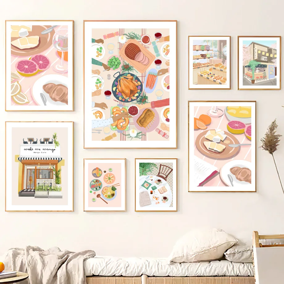 

Modern Tables Red Wine Glass Bread Family Wall Art Canvas Painting Nordic Posters And Prints Wall Pictures For Dining Room Decor