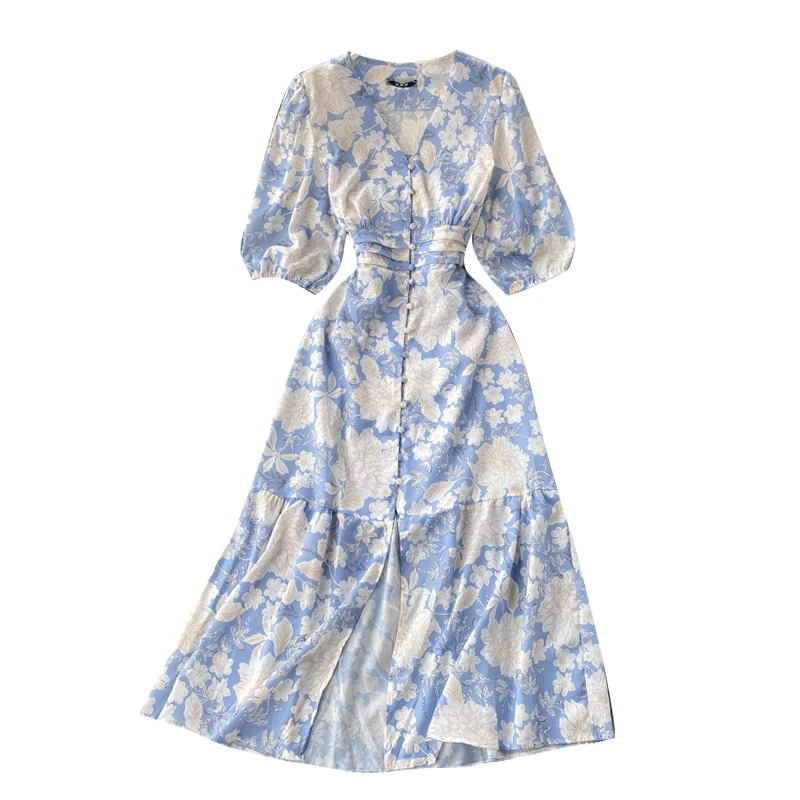 

Holiday Beach Style Long Women Dresses V-Neck Puff Sleeved Elegant Slim A-Line Ankle Length Lady Clothing Top Quality