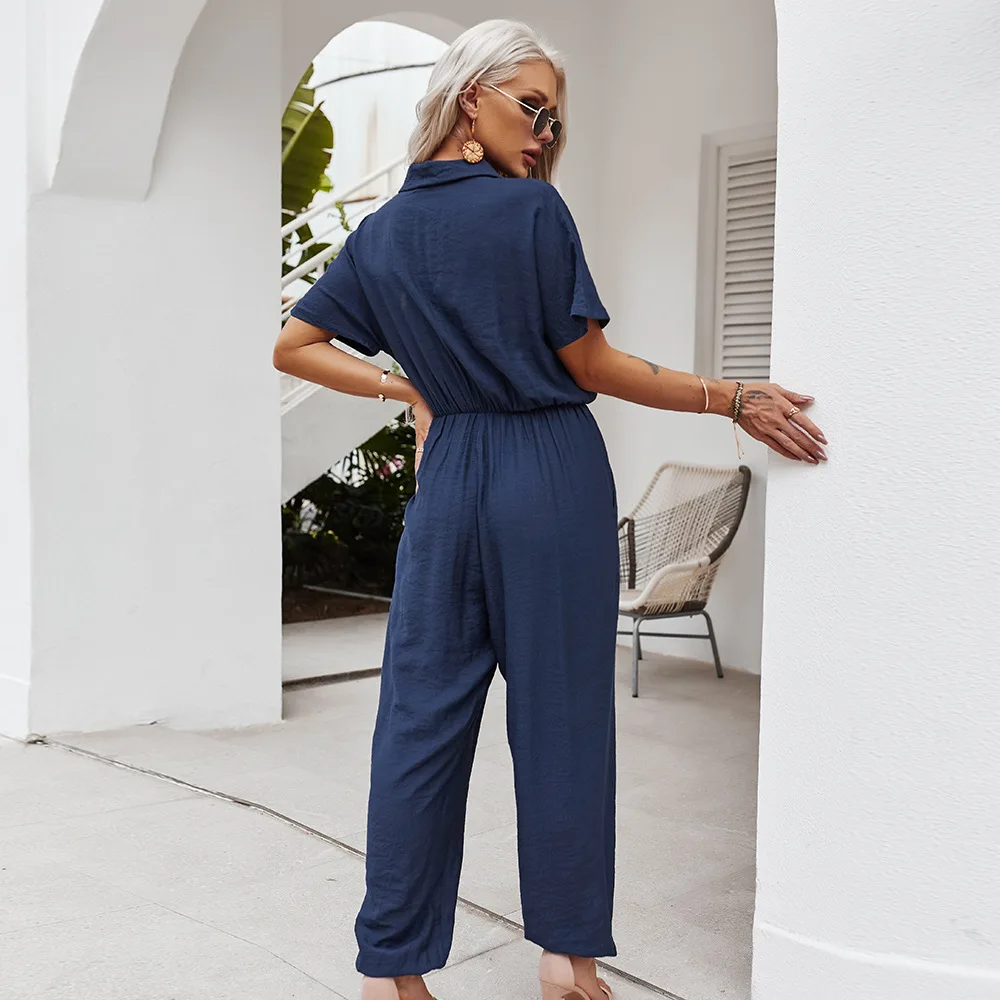 Women Playsuit 2021 Fashion Lapel Jumpsuits Casual Solid Pockets Rompers Short Sleeve Belted Buttons Trousers Playsuits Mujer