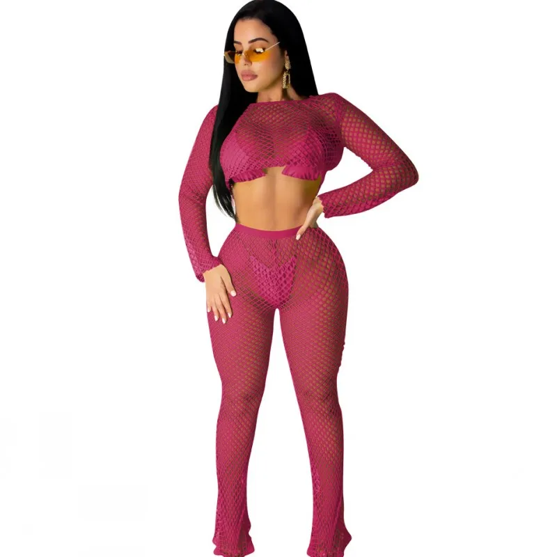 

Pant Suits Two Piece Set Women Full Sleeve Crop Tops And Pants Outfits Fashion Solid Mesh Grid Summer Beach Clubwear Outfits Set