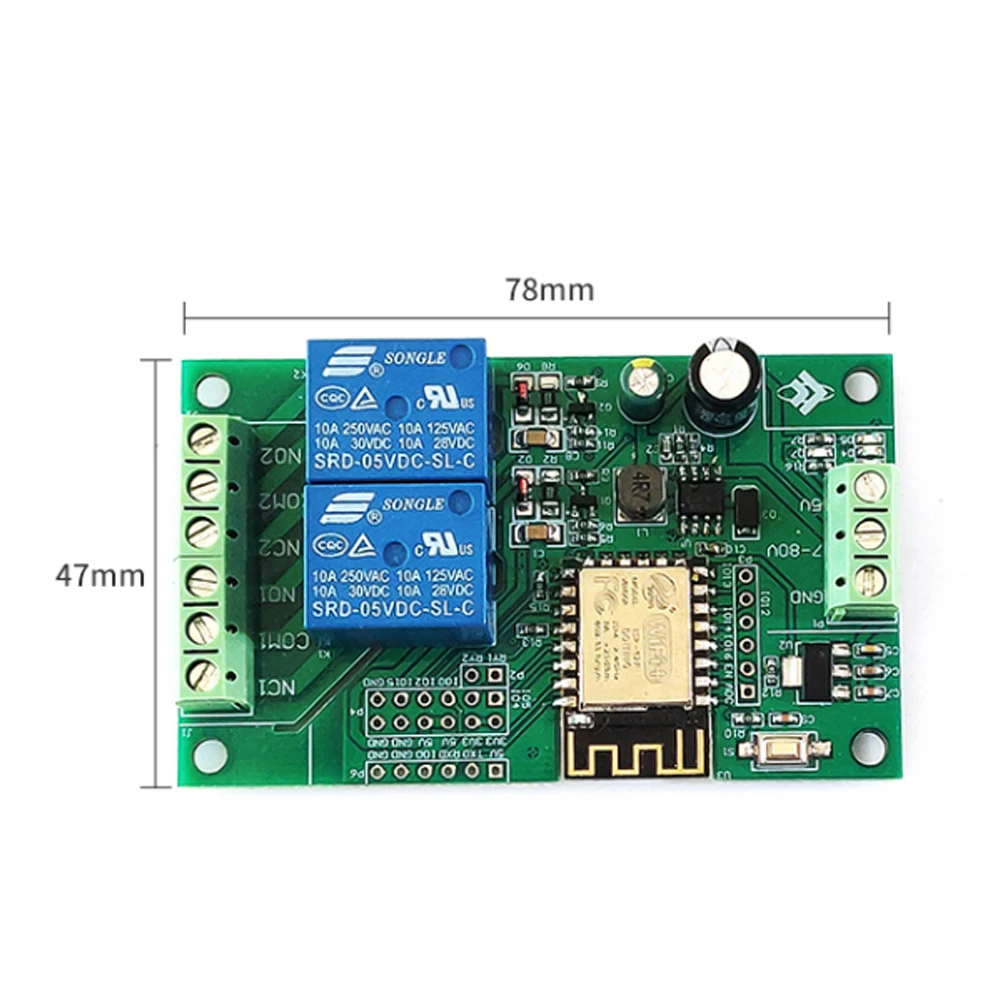 

Ziqqucu ESP8266 ESP-12F WiFi AC 250V / DC 30V 2 Channel Relay Module Wireless Development Board for Arduino Smart Home