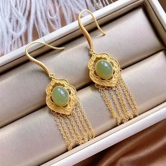 

S925 Sterling Silver Gold Plated Natural Hetian Jade Gray Jade Tassel Special Long Women's Earrings Eardrop Earring Women