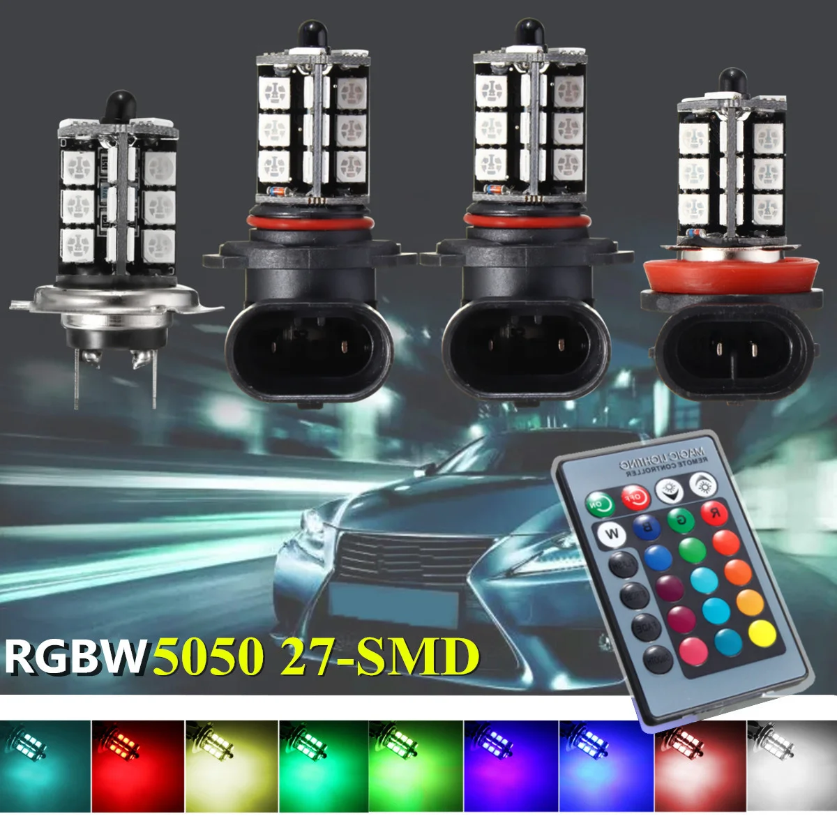 2Pcs Car Fog Light Bulb H3 H4 9006 9005 H7 H8 H9 880 881 H11 Headlamp Atmosphere Lamp DRL Kit 5050 27SMD LED RGB Remote Control