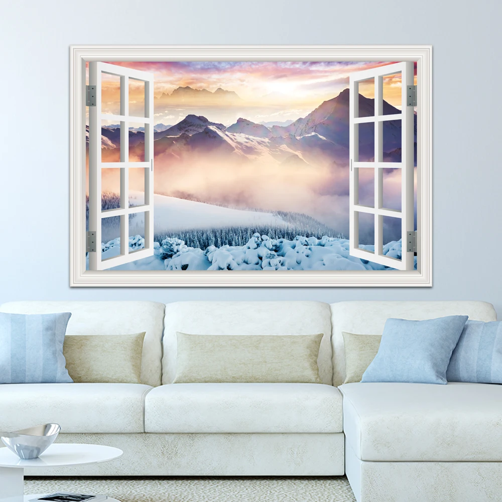 

Wall Decals Vinyl Art Window View Decorative Sticker Snow Mountain Winter Nature Landscape Furniture Stickers Wall Paper