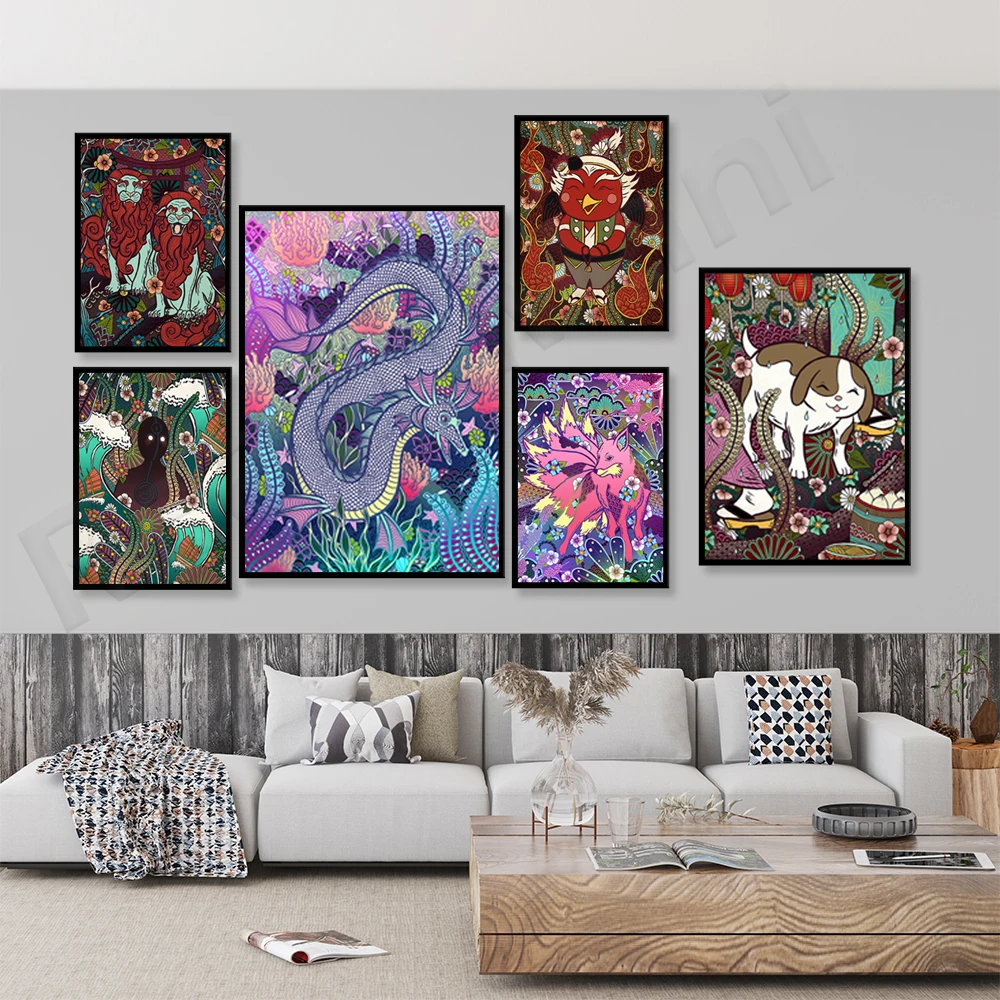 

Nekomata Cat Japanese Monster Art Animal Print Dragon Tengu Tortoise Bird Civet Stone Lion Dog Koma-Inu Japanese Monster Traditi