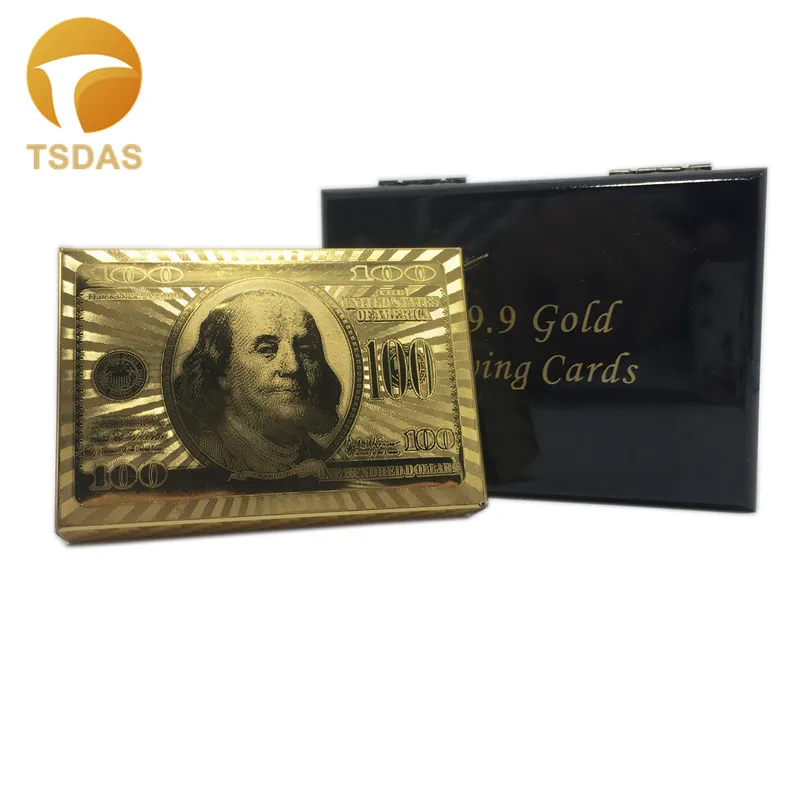 Wholesale Gold Plated 100 Dollar Custom Playing Cards 999.9 Foil With Wooden Box Souvenir | Дом и сад