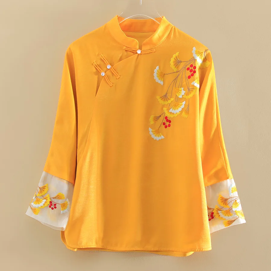 

New autumn Women Chinese style stand collar Retro embroidery elegant three quarter sleeve Loose women's coat S-2XL