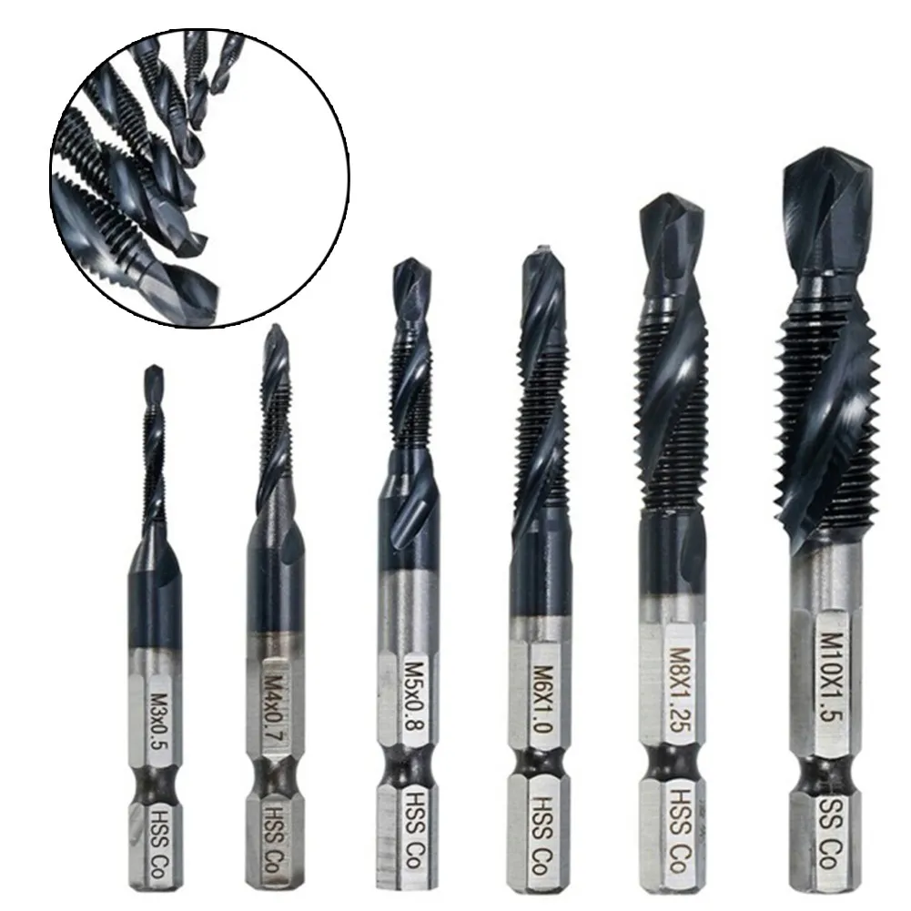 

6PCS M3-M10 Screw Tap Drill Bits HRC89 TiAlN Coated HSSCO M35 Cobalt Taps Metric Combination Bit 1/4" IN Hex Quick Change