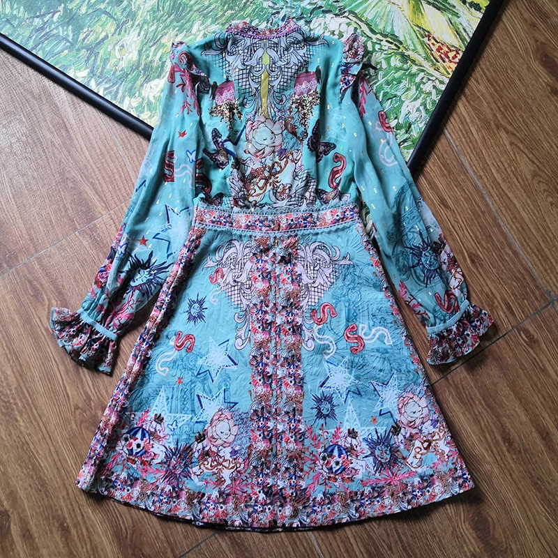 

Модель последних модных показов; Раффлед фонарь рукав Дизайнер Высокое качество жаккардовая ткань с цветочным принтом синий мини Вечерние ...