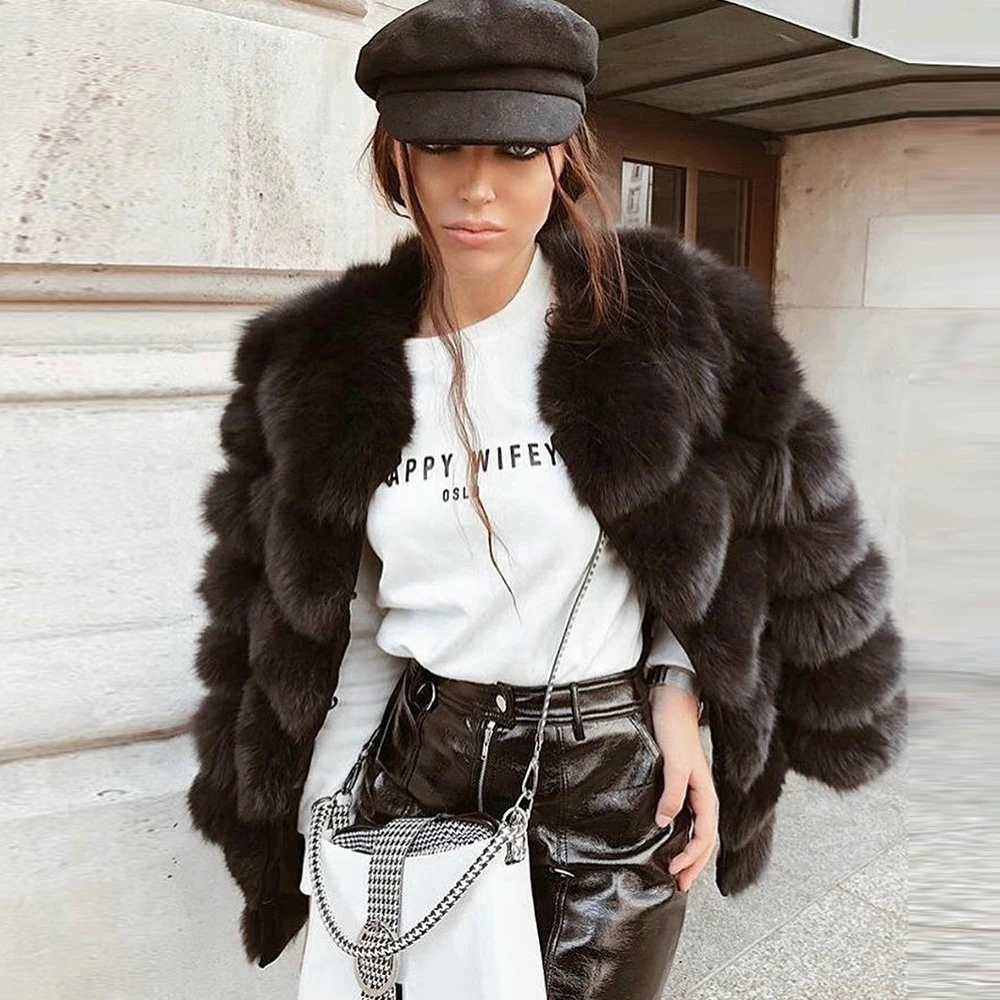 Dark Grey Real Fox Fur Coats for Women Winter Fashion New Genuine Full Pelt Fox Fur Jacket Round Collar Mid-length Fur Overcoats