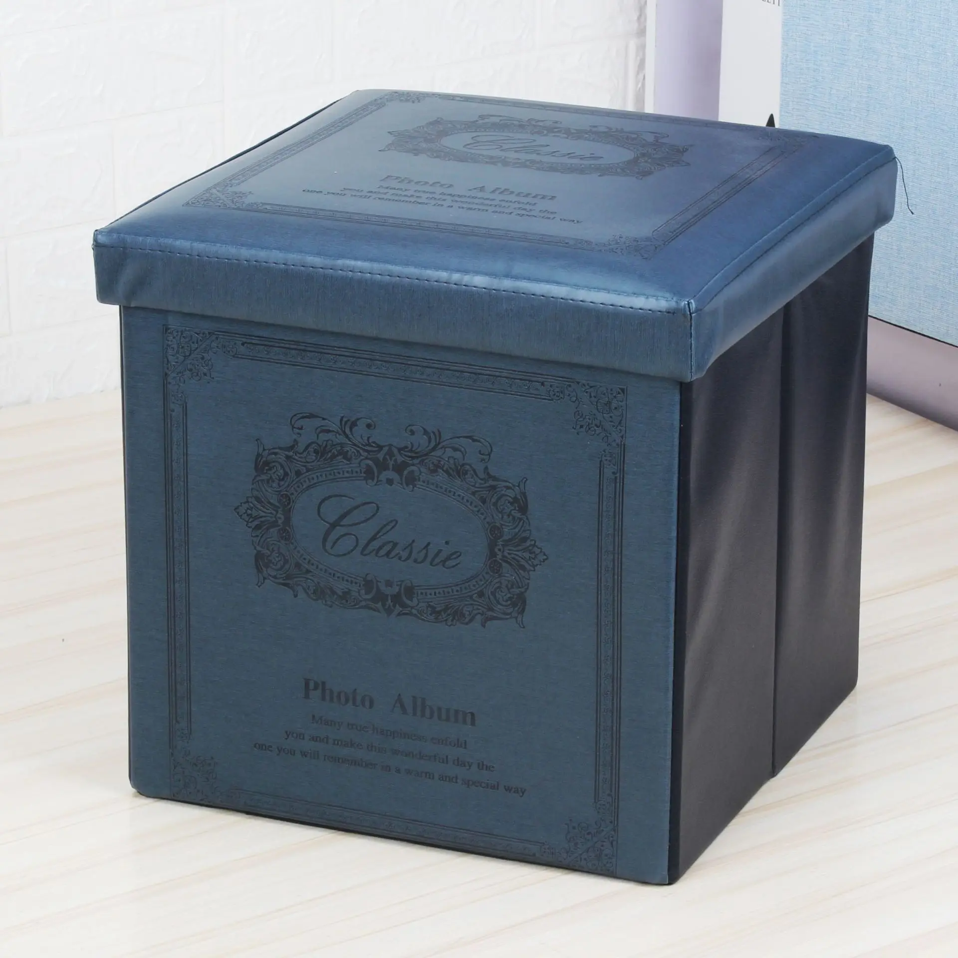 

Folding new leather storage stool multi-functional PU embossed leather seating stool