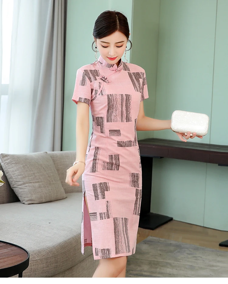 Улучшенное розовое хлопковое и льняное платье cheongsam Новая мода ретро элегантное тонкое платье в китайском стиле