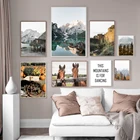 Настенная Картина на холсте с изображением гор, озера, леса, лодки, лошади, скандинавские постеры и принты, настенные картины для декора гостиной