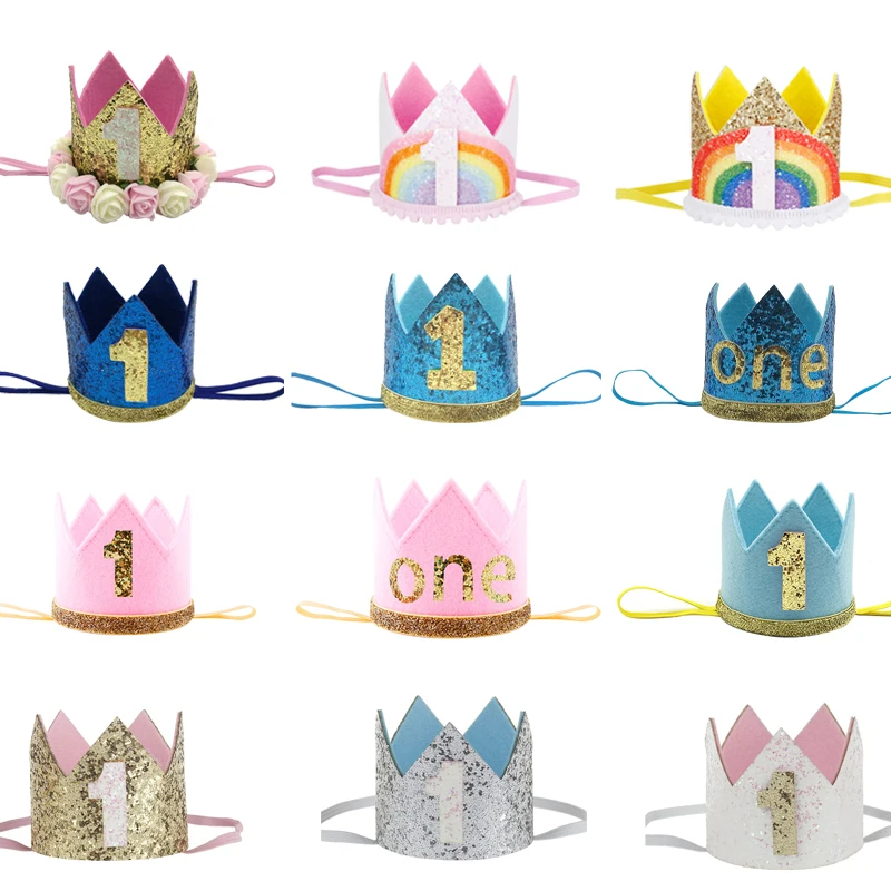 

1Pcs 1 Year Old Birthday Headband Crown Kids 1st Birthday Party Hat Baby Shower Boy Girl First Anniversary Caps Decor Supplies
