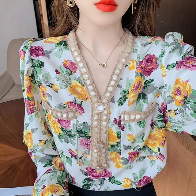 

V-Neck long sleeve French Floral Chiffon shirt for women's early 2021 spring new soft wind loose Print Shirt Top