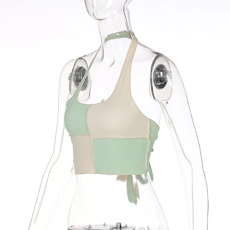 

NOVAINSPO Patchwork Bandage Backless Halter Cropped Tops For Women Sleeveless Plaid Ribbed Color Blocking Tee One Piece Summer