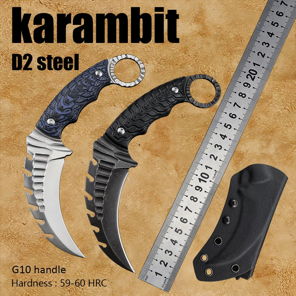 

Karambit D2 steel G10 knives camping outdoor utility edc tools tactical fixed blade knife survival cs go self defense weapons
